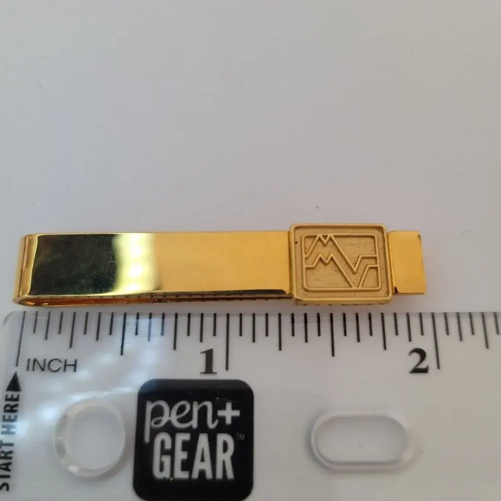 Mario Valentino MV USA Vintage Tack Tie Clasp Clip Bar Gold Retro Logo Rectangle - Picture 6 of 6